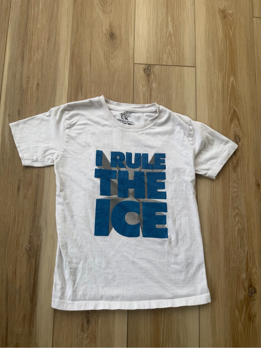 White Kids T-Shirt with Blue Graphic - I Rule The Ice
